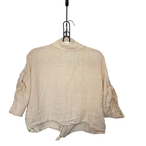 Purr Lino Cream Linen Tie Front Crop Shirt Lagenlook Quiet Luxury Utility Wear thumbnail 2