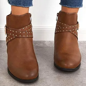 Tan Low Ankle Boots Vegan Faux Leather Women's 6.5 Studs Buckle Western Boho thumbnail 1