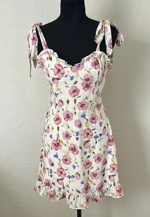 Forever 21 Floral Ruffle Mini Sundress w/ Sweetheart Neckline & Self Tie Sleeves thumbnail 1