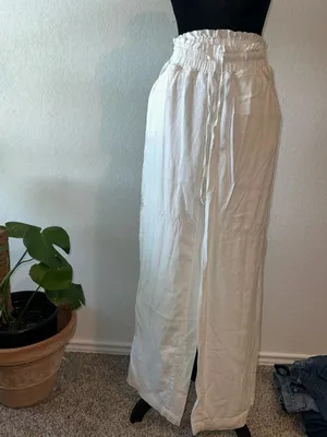 Happily Grey White Paperbag Waist Drawstring Wide-Leg Linen-Blend Pants thumbnail 4