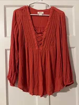 Style & Co. Rust Red Lace-Up Peasant Blouse thumbnail 1