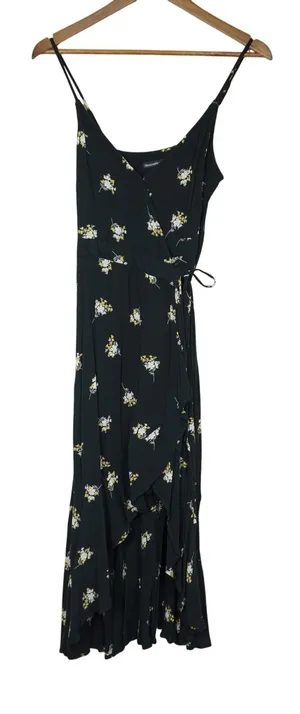 Abercrombie & Fitch Black Floral Wrap Midi Dress High Low Ruffle Hem Small thumbnail 1