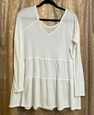 American Eagle Outfitter long sleeve white boho ruffle top, size S, NWT thumbnail 1