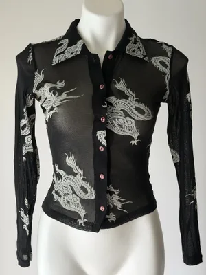 Vintage Dragon Print Button Up Mesh Top Black thumbnail 1