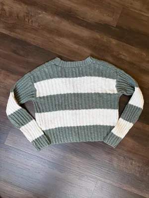 SO Olive Green and Cream Wide-Stripe Ribbed Button Cardigan thumbnail 3
