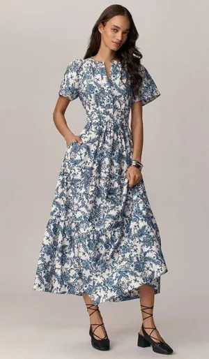 NWT Anthropologie Maeve Somerset Maxi in Ivory Blue Floral Tiered Cotton Dress S thumbnail 1