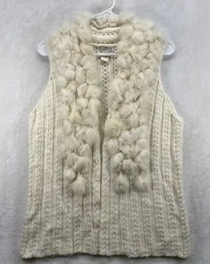 Avalin Sweater Vest Faux Fur Collar Wool‎ Blend Sleeveless Knit Ivory M thumbnail 1