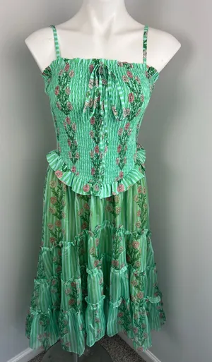 Women's Green Sheer Floral Ruched Tiered Ruffle Garden Party Whimsical Dress thumbnail 1