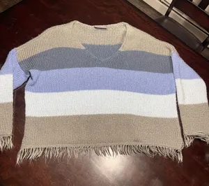 Striped Knit Poncho Sweater Fringe Trim Cozy Layering Piece‎ T-17 thumbnail 1