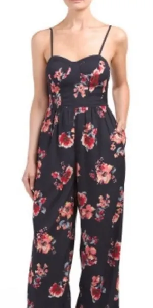 Band of Gypsies Moissanite Floral Wide Leg Jumpsuit Black Red Pink Womens‎ M thumbnail 1