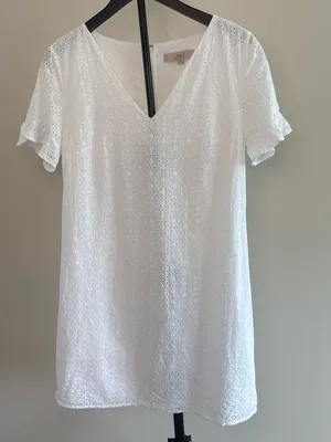 LOFT 100% Cotton White Eyelet V-Neck Dress thumbnail 1