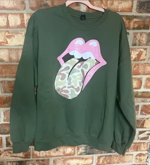 Gildan Military Green Sweatshirt with Pink Lip Camo Graphic thumbnail 1