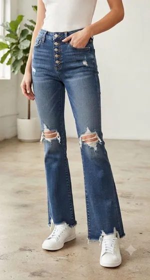 Vervet High-Rise Distressed Flare Jeans in Blue thumbnail 1