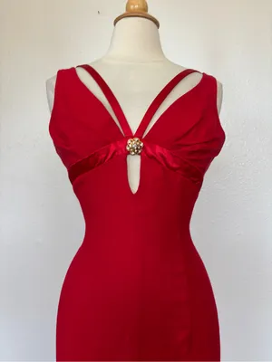Vintage 80s Solid Red Fitted Full Length Cut Out Formal Dress Size 6 thumbnail 3