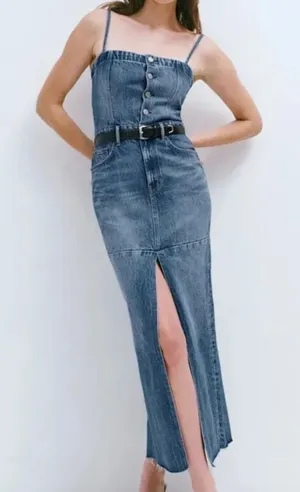 Reformation Tazz Maxi Denim Dress 0 Blue Button Front Slit Spaghetti Strap‎ Raw thumbnail 1