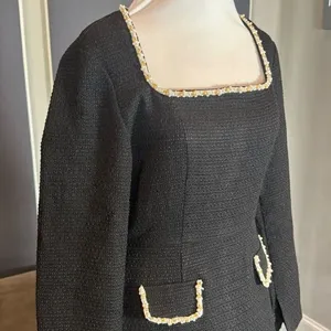 Women’s Short Black Dress Square Neck Faux Pearl-Like Trim **Tag L fits like M thumbnail 2