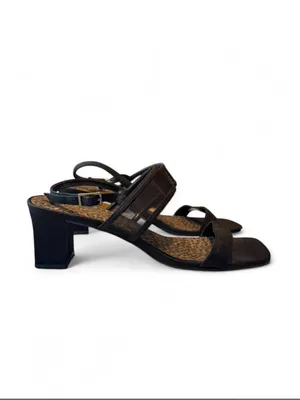 Prima Black Mesh Block Heel Sandals Leopard Print Footbed Size 7M Y2K thumbnail 4