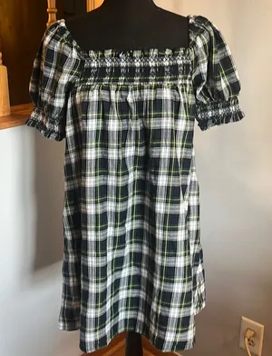AMERICAN EAGLE plaid smocked puff sleeve babydoll‎ dress S NEW thumbnail 1
