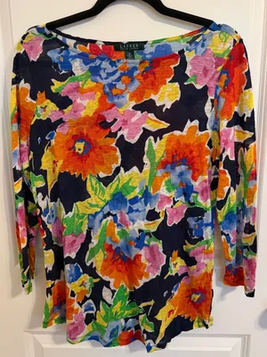 Lauren Ralph Lauren Womens Floral 100% Linen Boat Neck Too M thumbnail 1