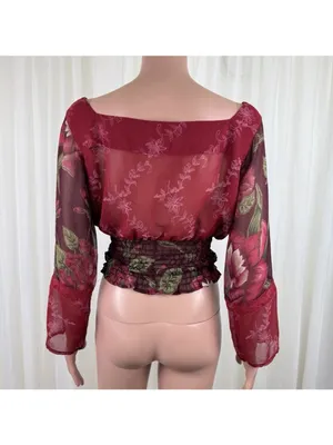 Passport Floral Smocked Elastic Waist Peasant Top Blouse Size L Burgundy thumbnail 5