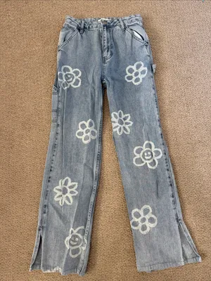 PacSun Light Blue Floral Paint Wide-Leg Jeans thumbnail 1