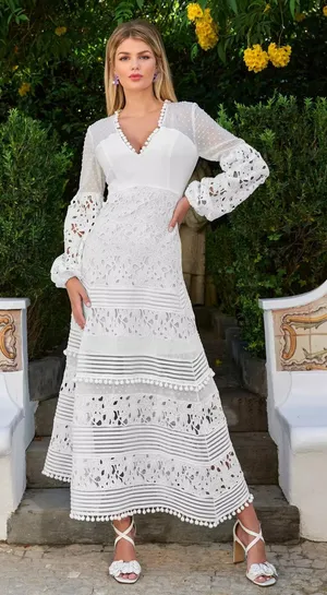 NWT Boston Proper White Lace Pom Pom Swiss Dot Maxi Dress‎ Large Bridal Cottage thumbnail 1