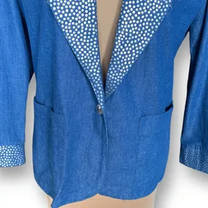 Vintage‎ Blue Denim Blazer Silver Polka Dot Boho Western Jacket Artsy Eclectic thumbnail 5