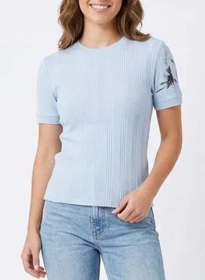 Zara Sweater Womens Small Light Blue Ribbed Knit Short Sleeve Crew Neck Pullover thumbnail 1