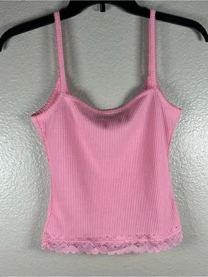 White Fox Boutique Pink Ribbed Lace-Trim Tank Top SZ:S thumbnail 2