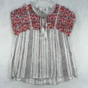 Savanna Jane Floral Peasant Top Boho Tunic Tie Neck‎ White Brown Size S thumbnail 1