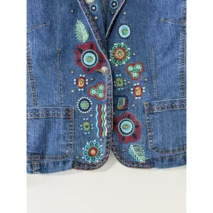 Women’s Aztec Embroidered Denim Jacket Boho Western Floral Pocket Size S thumbnail 4