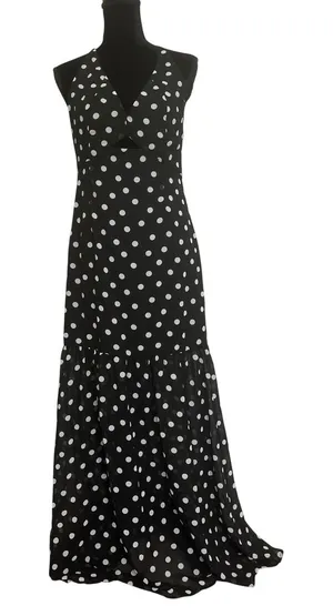 Polka Dot Maxi Dress Black White V-Neck Cutout Tiered Ruffle Retro Sexy SZ M / 6 thumbnail 1