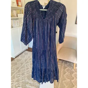 Crown & Ivy Navy Metallic Stripe Maxi Dress Smocked‎ Quiet Luxury Elegant Gala M thumbnail 2
