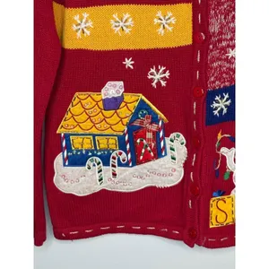 Vintage White Stag Christmas Cardigan Sweater Small‎ Red Holiday Snowman Tree thumbnail 3
