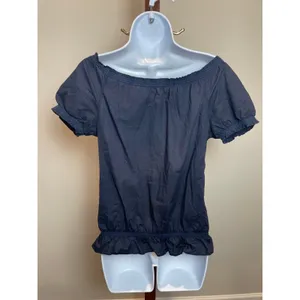 Abercrombie & Fitch Navy Off Shoulder Top Puff Sleeves Floral Embroidery S thumbnail 4