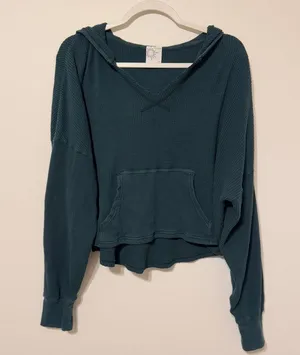 Aerie Waffle Way Back Hoodie Oversized Size Small Green Knit Lightweight Offline thumbnail 3
