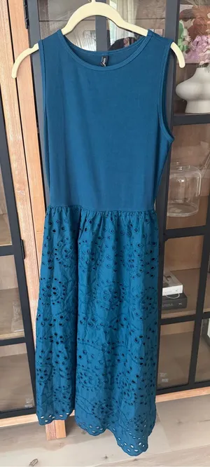 NWT Amazon eyelet maxi dress teal sleeveless drop waist midi pockets cotton thumbnail 1