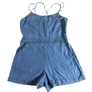 LOFT Petites Chambray Romper 6P Strappy Crisscross Linen Blend thumbnail 1