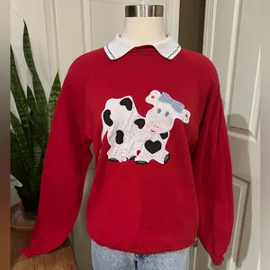 Vintage Kawaii Cow Graphic‎ Fleece Sweatshirt Collared L Cottagecore thumbnail 10