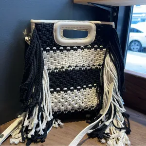 Maje M Bag in Leather and Bicolor Knit Black White Stripe Satchel NWT thumbnail 7