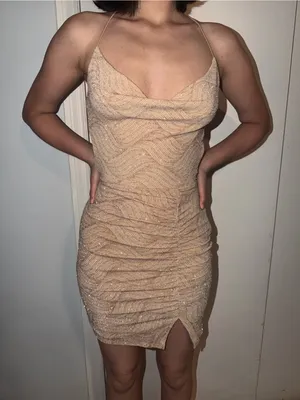Darling Champagne Ruched Cowl Mini Dress thumbnail 1