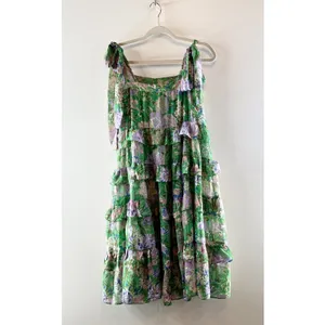Olivaceous Floral Print Sleeveless Tie Shoulder Tiered Midi Dress Green Small thumbnail 4