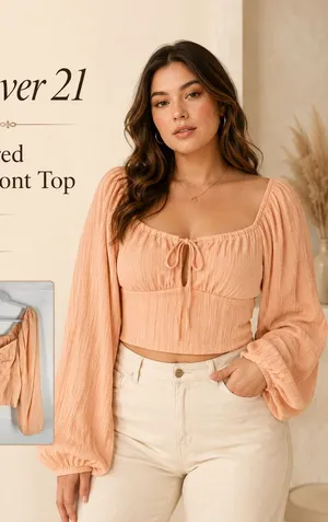 Forever 21 Peach Textured Tie-Front Crop Top Boho Peasant Cottagecore‎ thumbnail 1