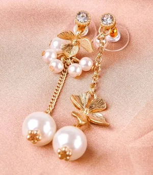 Flower Crystal Pearl Drop Stud Earrings Gold thumbnail 1
