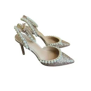 Nicola Bathie x Antonio Melani Bebe Ankle Strap Glitter Pearl pumps in rose gold thumbnail 3