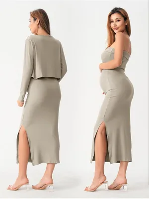 SUNNYBUY Baby Shower Maternity Tube Dress Short Cardigan Ribbed Maxi Dress thumbnail 5