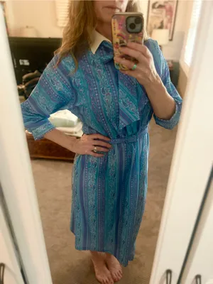 Vintage 80s blue paisley belted dress Size 10 thumbnail 1