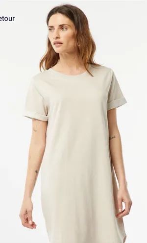 Minimalist Short-Sleeve Crewneck Dress in Light Taupe thumbnail 1