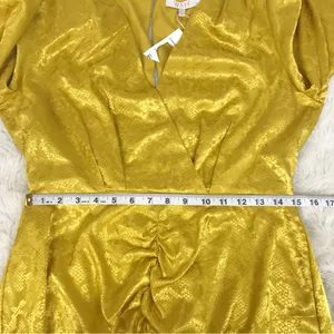 WAYF Yellow Gold Snake Print Long Sleeve Mini Dress Ruched Low Cut Large New‎ thumbnail 13