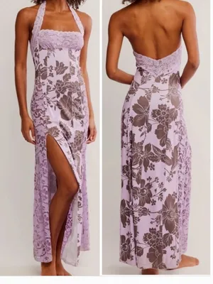 NWT Free People Love You Most Print Lace Halter Maxi Dress Large, LAVENDER COMBO thumbnail 3